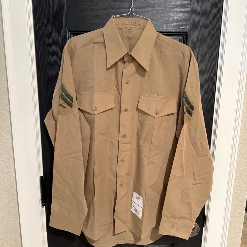 Men's Tan Military Field Button-down Shirt